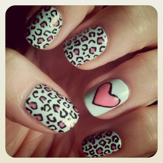 Leopard Print And Accent Pink Heart Nail Art