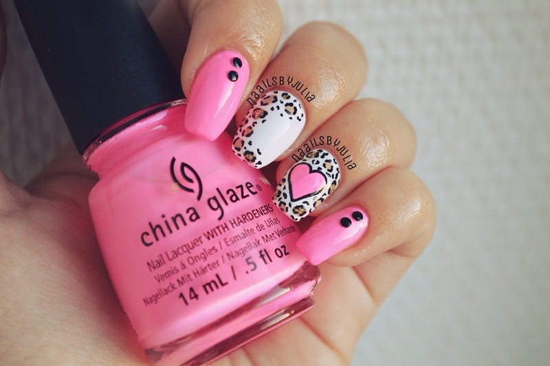 Leopard Print And Pink Heart Nail Art