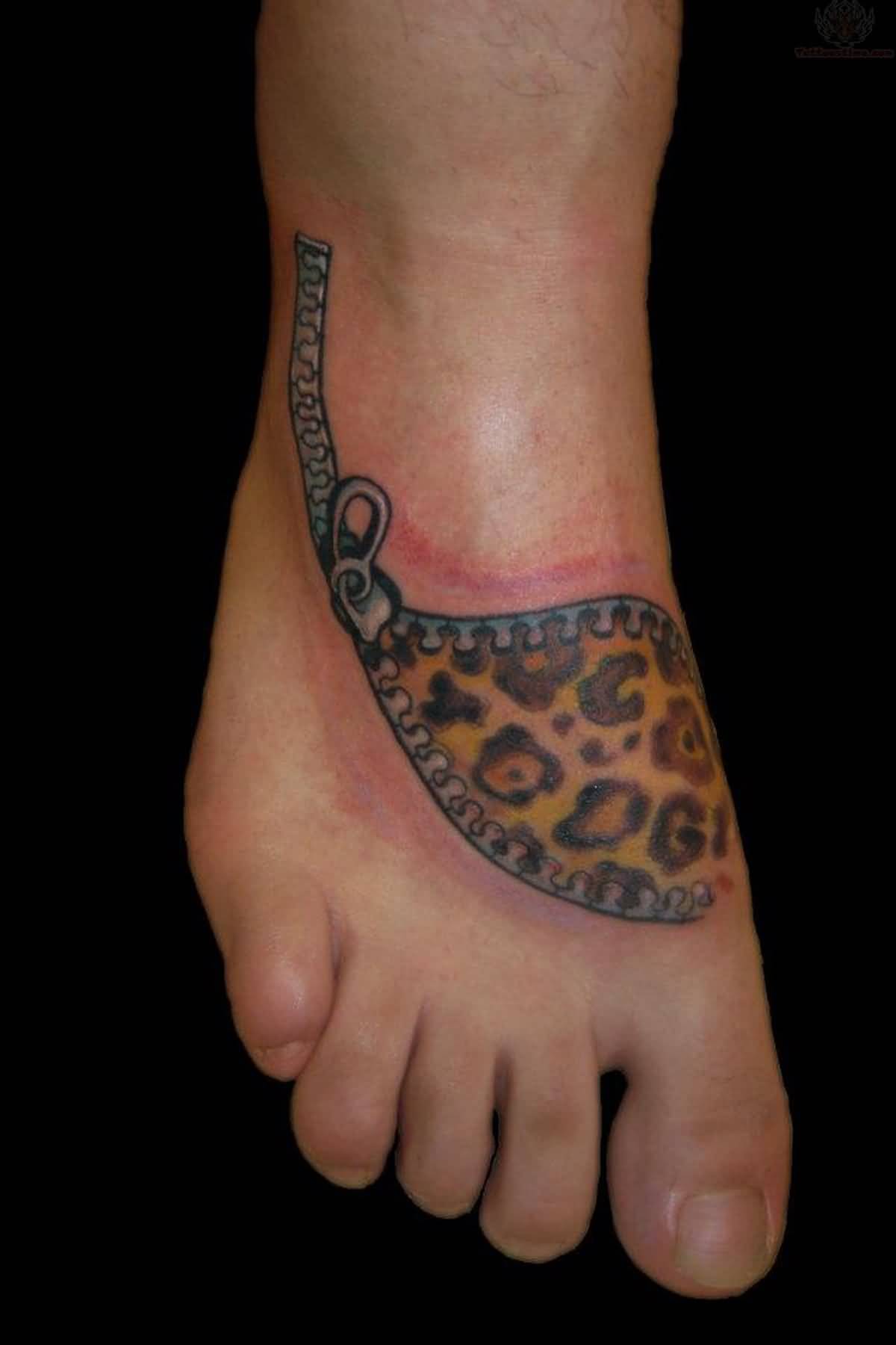 Leopard Print Zipper Tattoo On Foot
