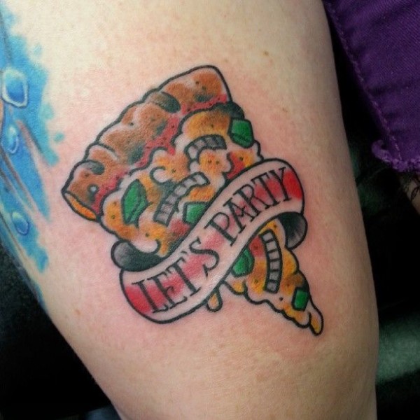 Lets Party Pizza Slice Traditional Tattoo