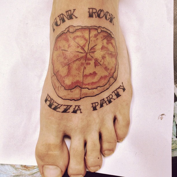 Lettering And Pizza Tattoo On Foot