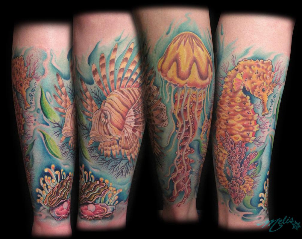 Lovely Colorful Sea Creatures Under Water View Tattoo