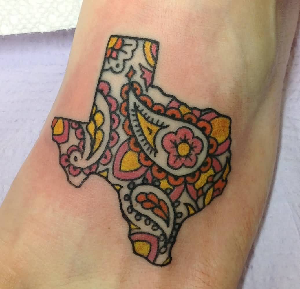 Lovely Decorated Texas Map Tattoo On Foot