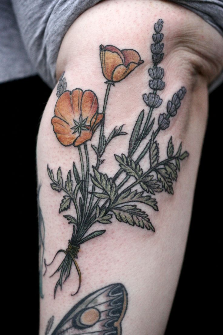 Lovely Flower Plant And Butterfly Tattoo