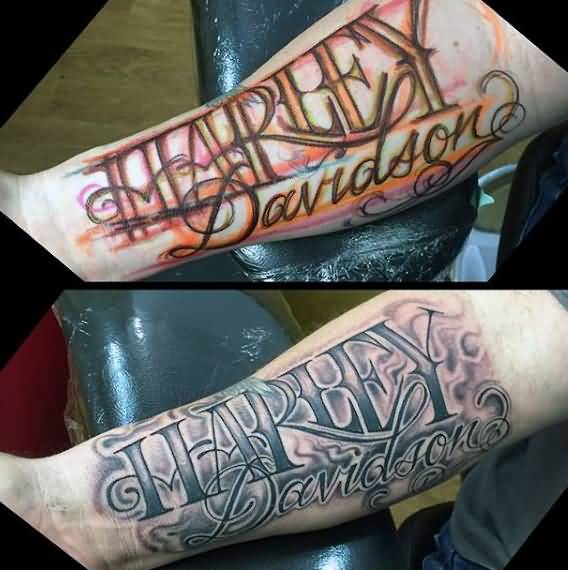 Lovely Grey Harley Davidson Tattoo On Forearm