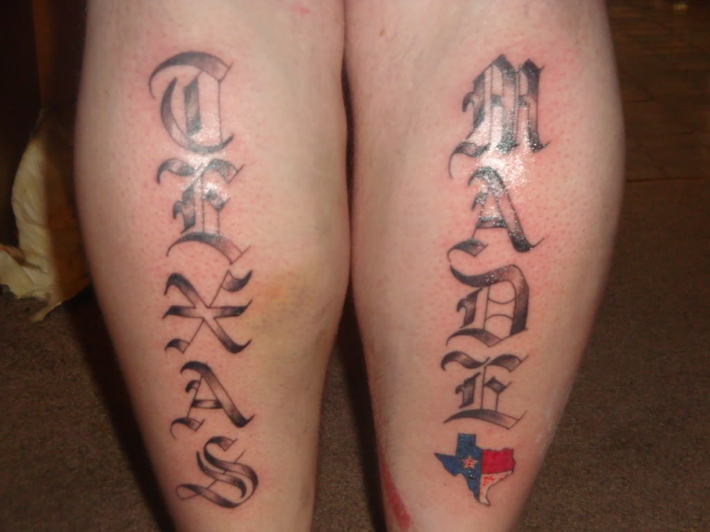 Lovely Grey Ink Texas Made Tattoo On Back Legs