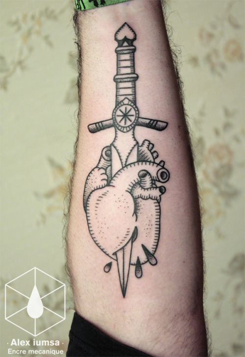 Lovely Knife In Heart Tattoo On Forearm