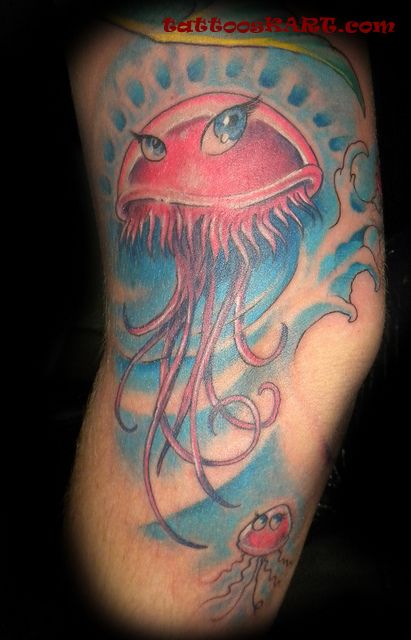 Lovely Red Jellyfish Sea Creature Tattoo On Sleeve