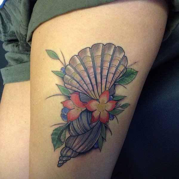 Lovely Sea Shell With Flowers Tattoo On Thigh