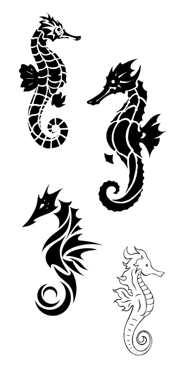 Lovely Seahorse Tribal And Simple Tattoo Designs Set