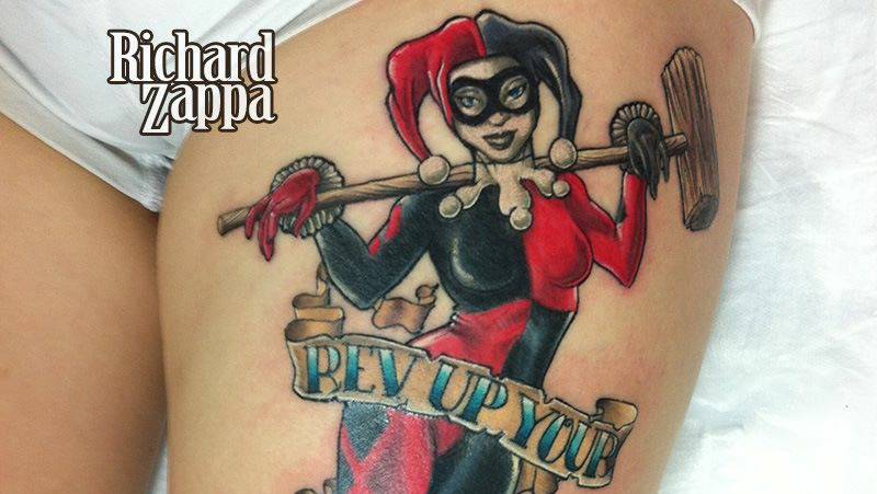 Lovely Thigh Harley Quinn Tattoo On Left Thigh