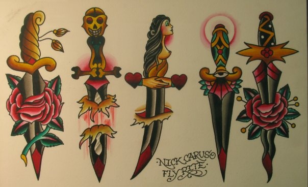 Lovely Traditional Dagger Tattoo Samples Set