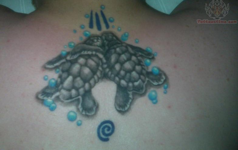 Lovely Two Turtles And Bubbles Tattoo On Upper Back