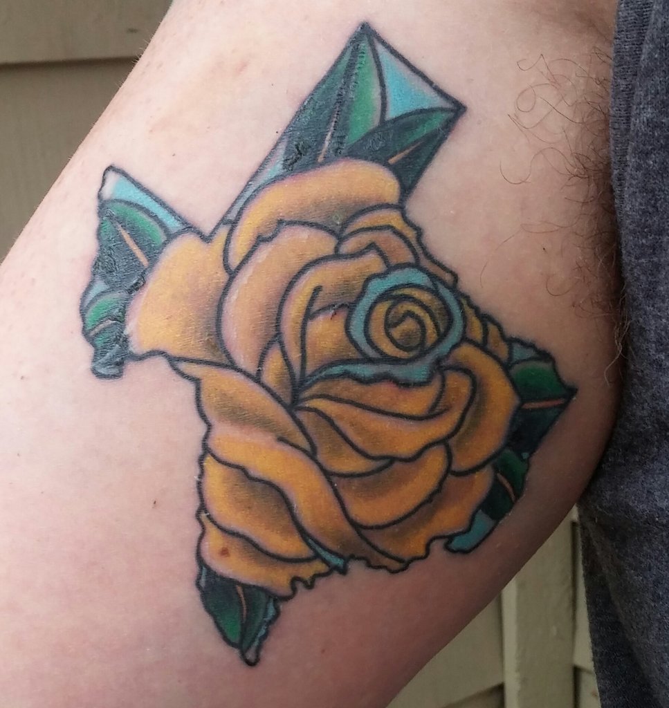 Lovely Yellow Rose In Texas Map Traditional Tattoo