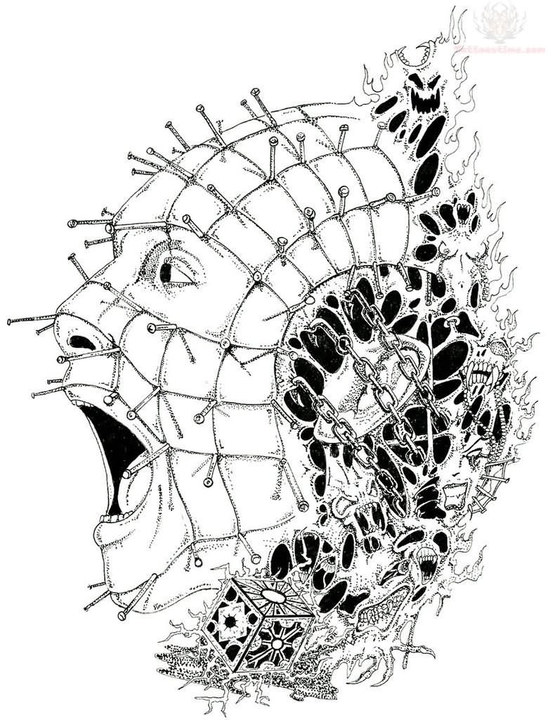 Magnificent Black And White Pinhead Shouting Tattoo Stencil