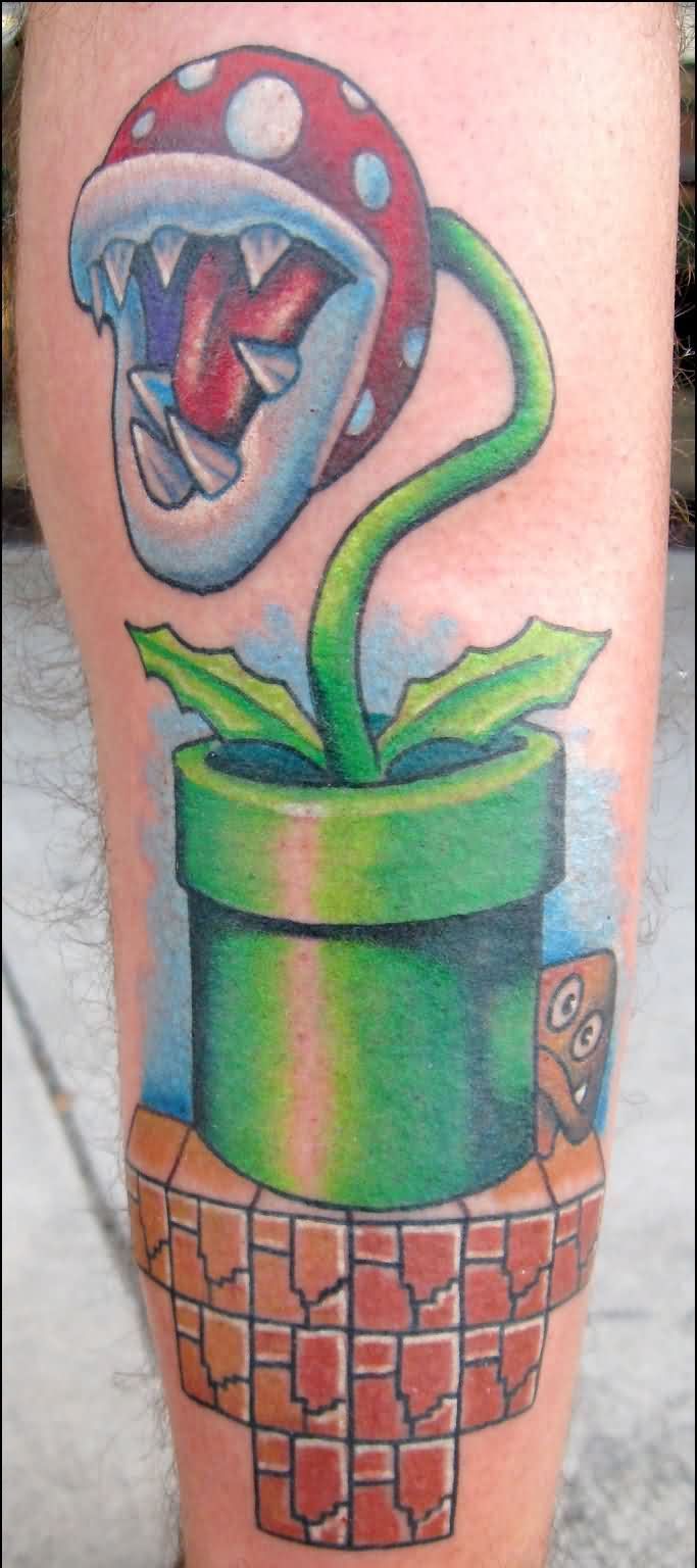Mario Plant Tattoo On Leg
