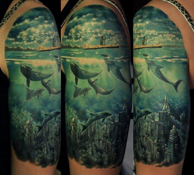 Marvelous Realistic Sunk City And Underwater Animals Colored Tattoo