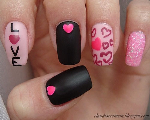 Matte Black Nails With Pink Hearts Nail Art Design Idea
