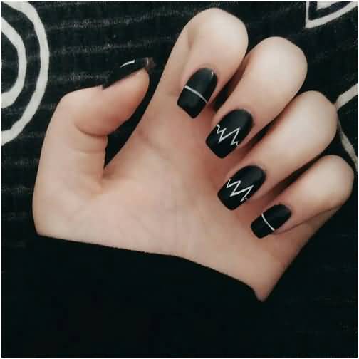 Matte Black Nails With Silver Heartbeat Nail Art