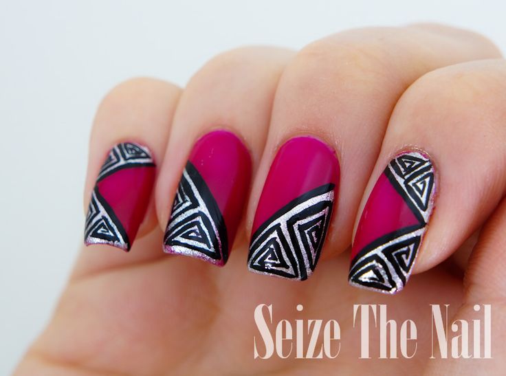 Matte Pink Nails With Silver And Black Pattern Nail Art