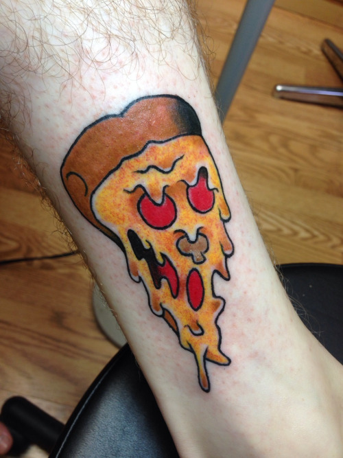 Melting Pizza Skull Tattoo On Leg