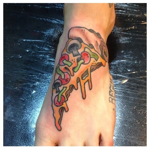 Melting Pizza Slice Traditional Tattoo On Foot