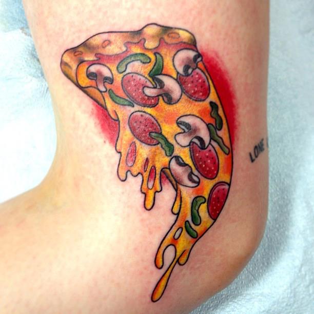 Melting Traditional Pizza Tattoo On Elbow
