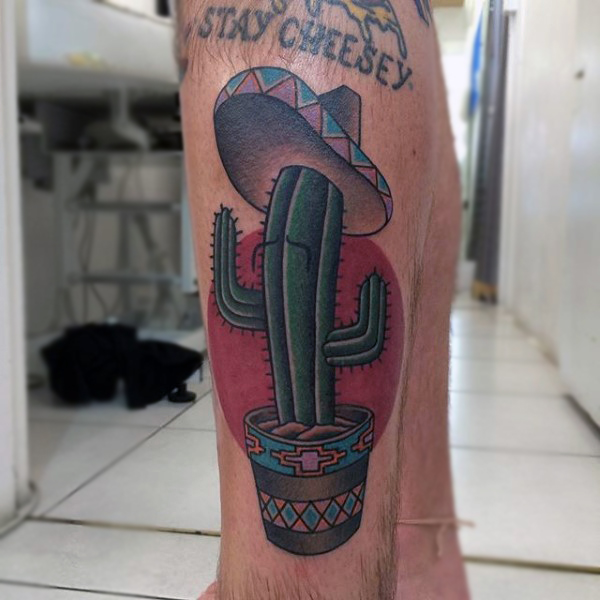 Mexican Cactus Plant In Pot Tattoo On Lower Leg