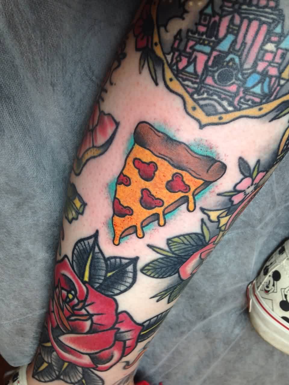 Micky Mouse On Pizza Traditional Tattoo