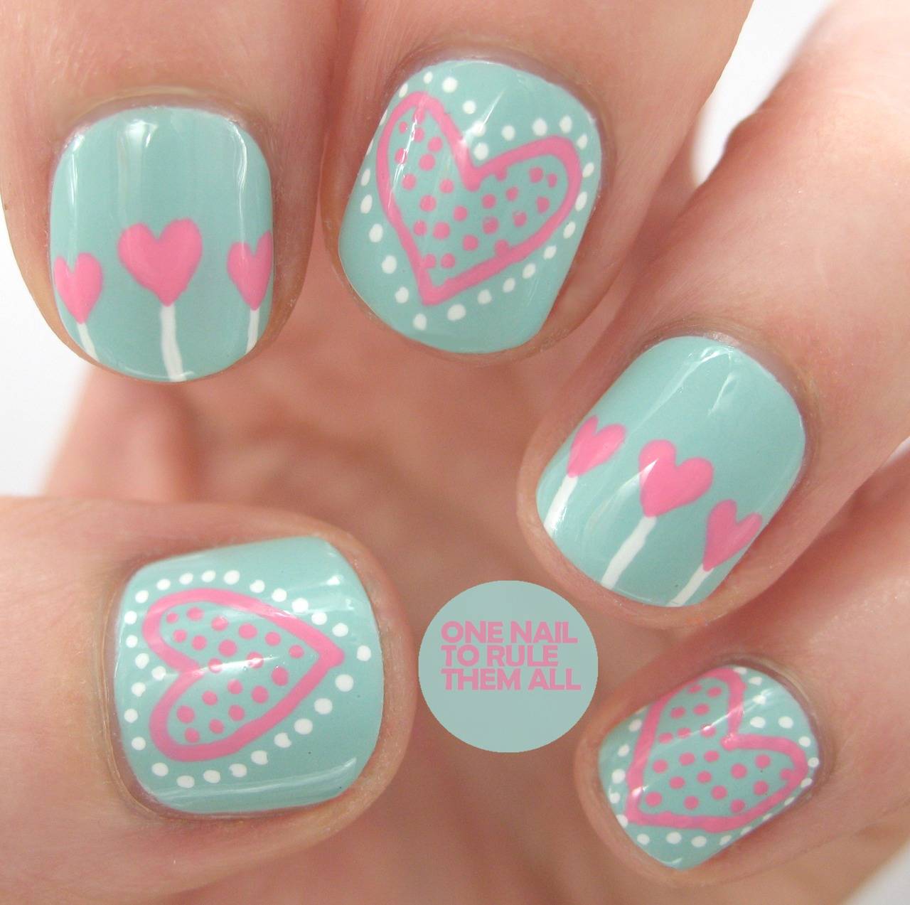 Mint Nails With Pink Hearts And White Dots Design Nail Art Idea