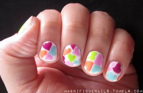 Multicolored Hearts Nail Design Idea