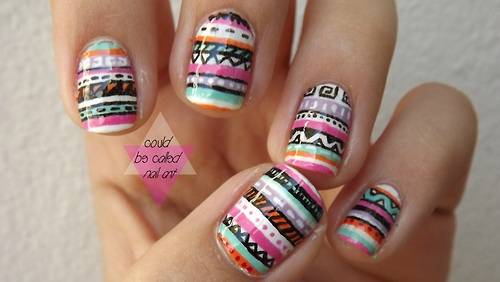 Multicolored Tribal Pattern Nail Art Design Idea