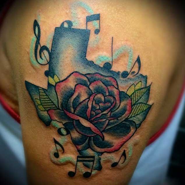 Musical State Of Texas Map Tattoo On Shoulder