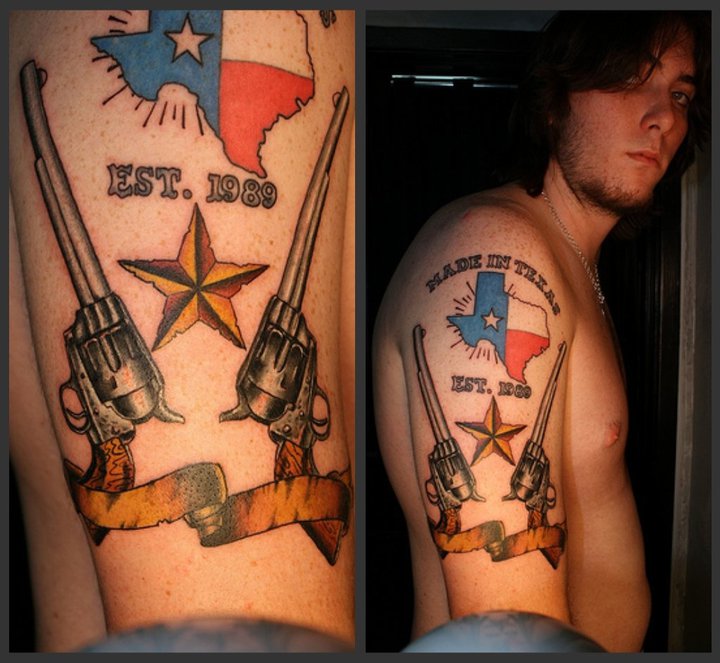 Nautical Star And Guns With Texas Map Tattoo On Right Half Sleeve