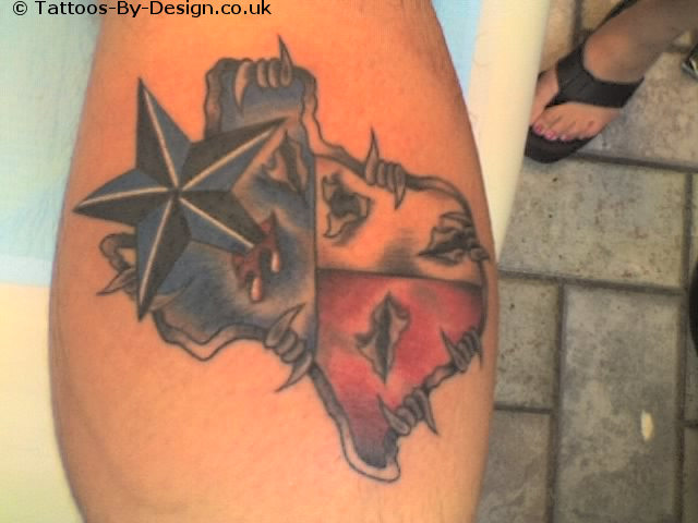 Nautical Star With Barbed Chained Texas Flag Tattoo