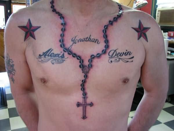 Nautical Stars And Rosary Necklace Tattoo For Men