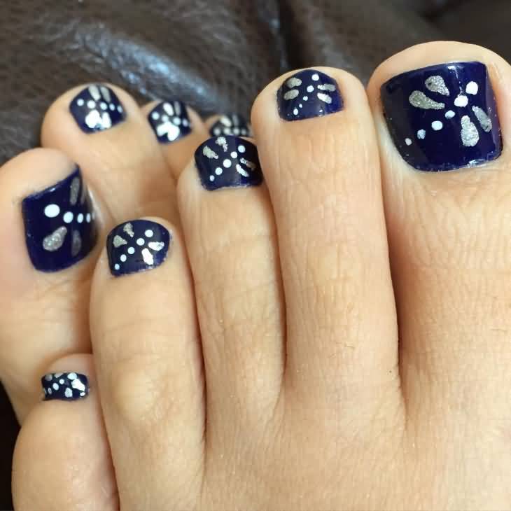 Navy Blue Nails With White Dots And Silver Butterfly Nail Art