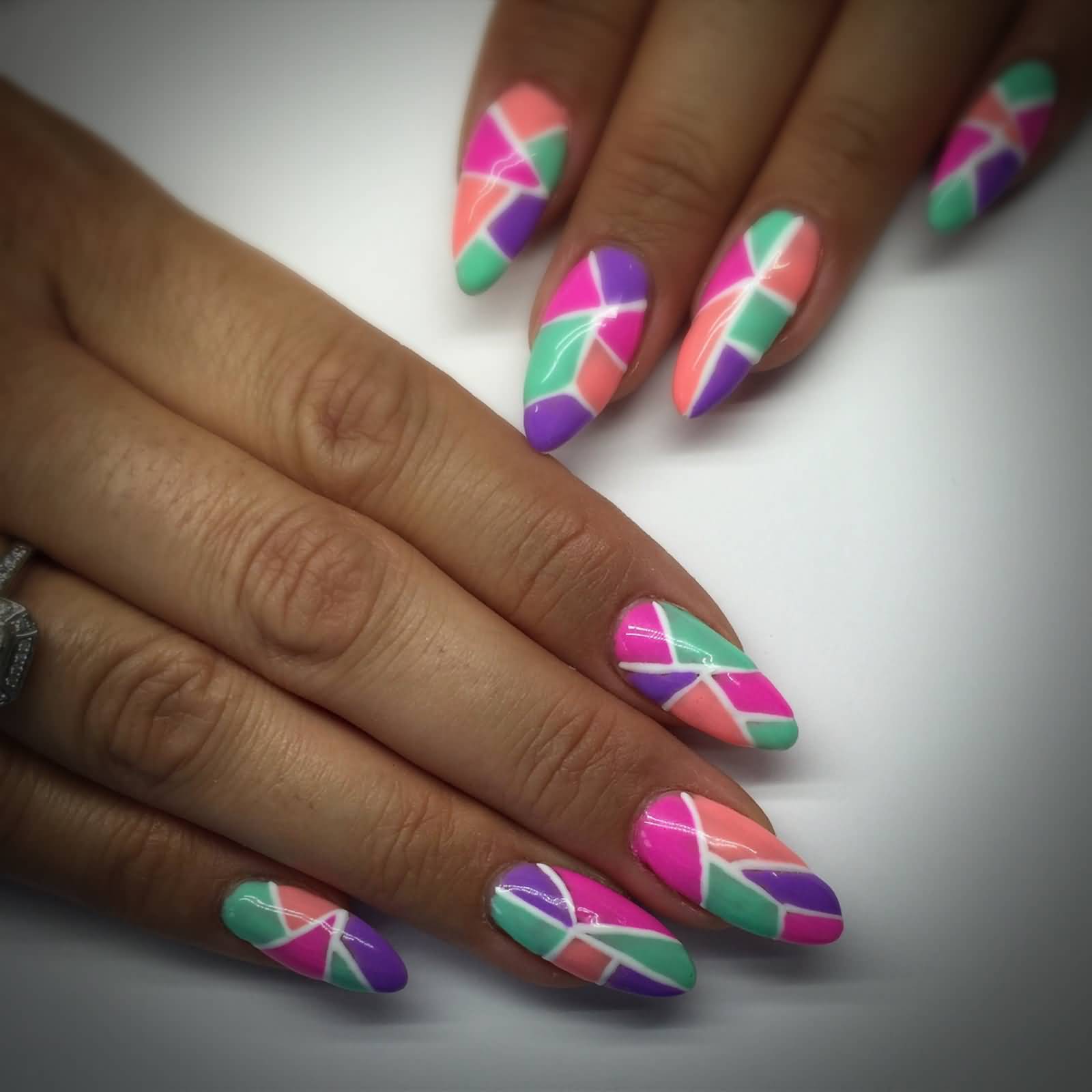 Neon Pastel Geometric Mosaic Nail Art Design Idea