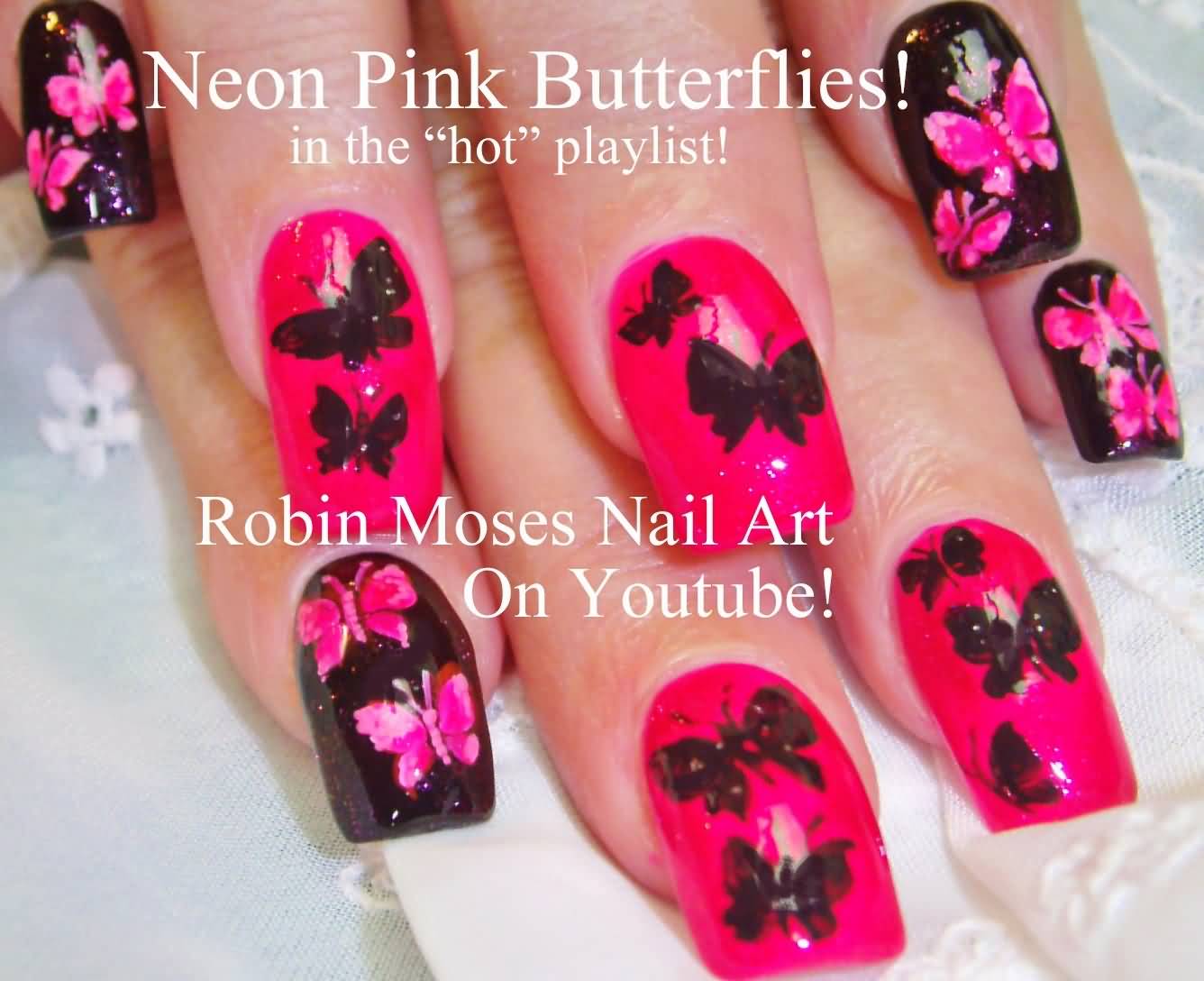 Neon Pink Butterflies Nail Art