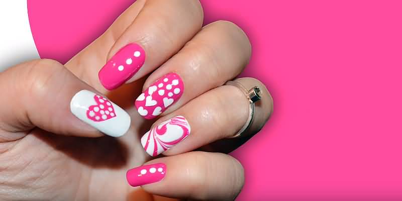 Neon Pink Heart With White Dots Design Nail Art