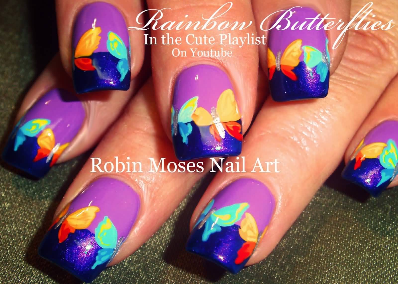 Neon Rainbow Butterflies Nail Art