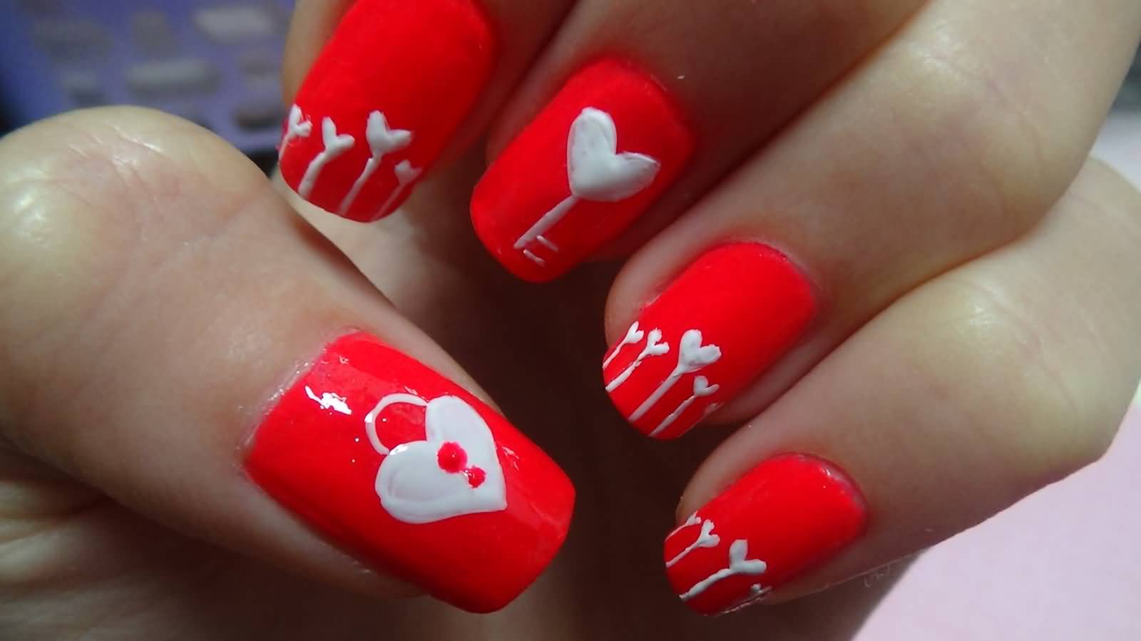 Neon Red And Acrylic White Hearts And Lock Nail Art Idea