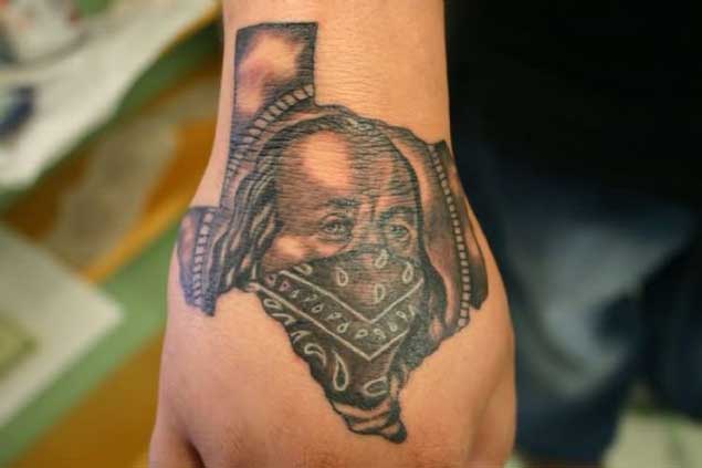 Nice Ben Franklin In Texas Map Tattoo On Hand