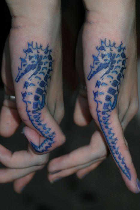 Nice Blue Seahorse Matching Tattoos On Fingers