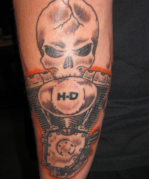 Nice David Harley Engine And Skull Tattoo On Arm