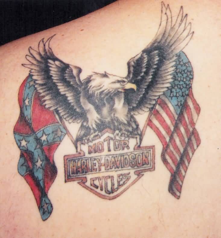 Nice Eagle And Flags With Harley Bike Logo Tattoo