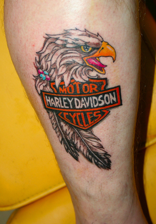 Nice Eagle And Harley Davidson Logo Tattoo On Forearm