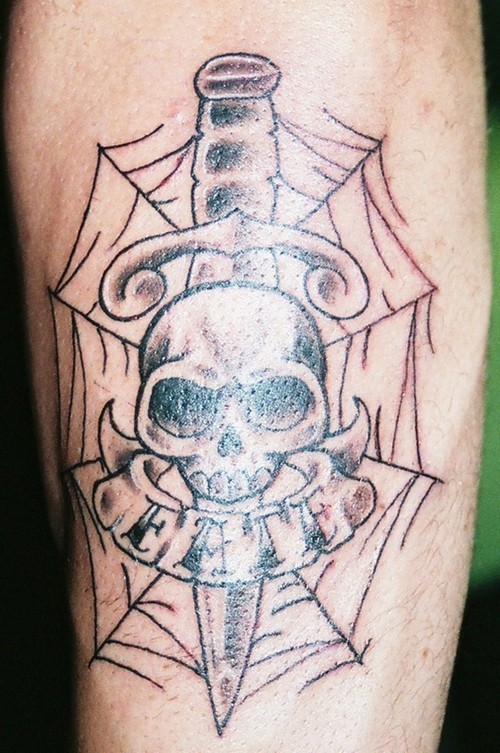 Nice Grey Knife And Skull With Spider Web Tattoo