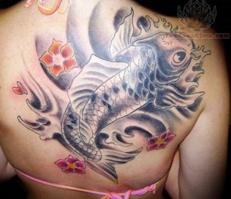 Nice Grey Sea Creature Fish And Flowers Tattoo On Upper Back