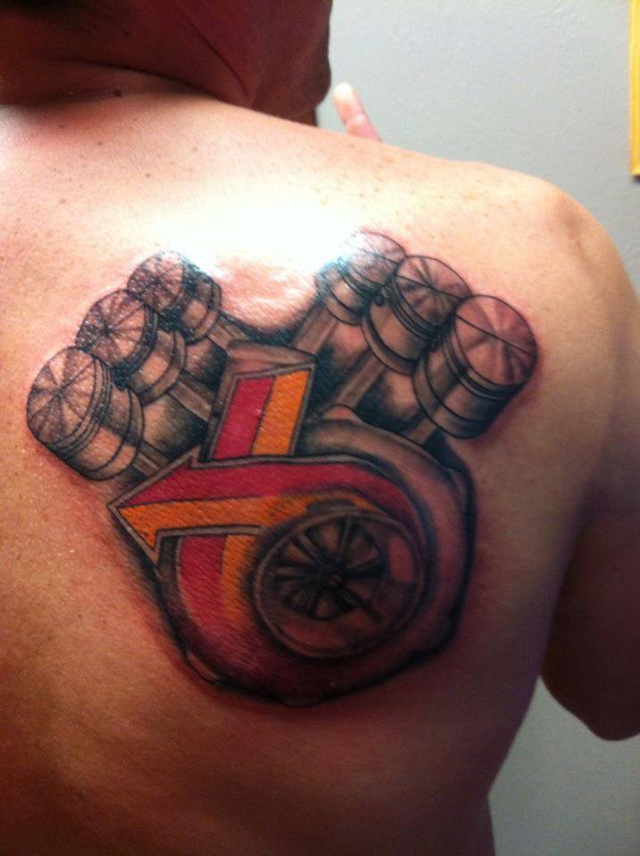 Nice Grey Turbo Tattoo On Right Back Shoulder
